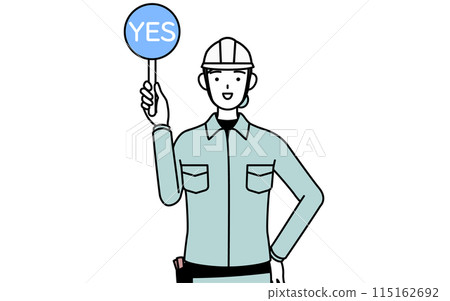 一位戴著頭盔和工作服的女工程師拿著一根顯示正確答案的圓棒 115162692