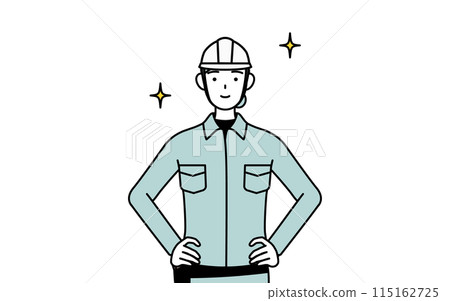 A female engineer in a helmet and work clothes with her hands on her hips A female engineer in a helmet and work clothes with her hands on her hips 115162725