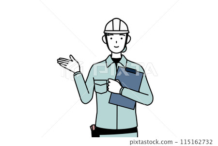 A female engineer in a helmet and work clothes spreading her hands while holding a clipboard 115162732