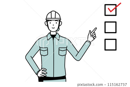 A female engineer in a helmet and work clothes pointing at a checklist A female engineer in a helmet and work clothes pointing at a checklist 115162737