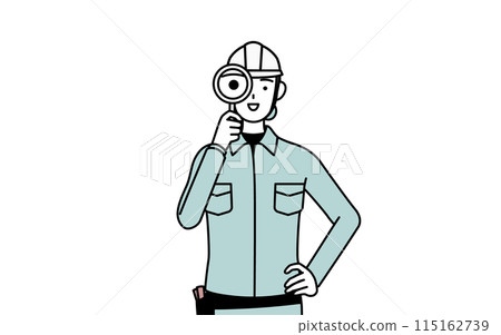 A female engineer in a helmet and work clothes looking through a magnifying glass A female engineer in a helmet and work clothes looking through a magnifying glass 115162739