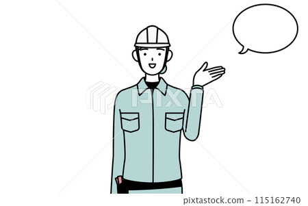 A female engineer in a helmet and work clothes giving instructions with a speech bubble 115162740