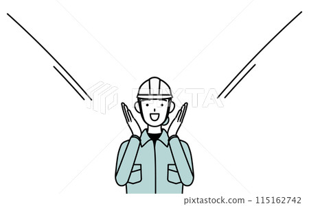 A female engineer wearing a helmet and work clothes calls out to customers with her hand over her mouth 115162742