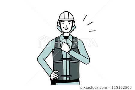 Senior female engineer in helmet and work clothes hitting her chest 115162803