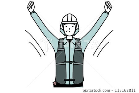 一位戴著頭盔和工作服的高級女工程師做廣播體操 115162811