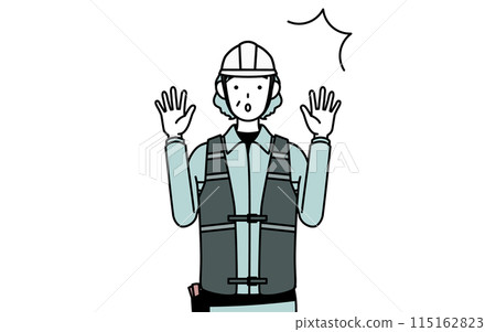 一位戴著頭盔和工作服的高級女工程師驚訝地舉起手 115162823