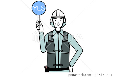 一位戴著頭盔和工作服的高級女工程師拿著一根圓棒,顯示正確答案 一位戴著頭盔和工作服的高級女工程師拿著一根圓棒,顯示正確答案 115162825