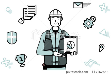 DX 的形象，一位戴著頭盔、穿著工作服的高級男性工程師，利用數位技術改善業務運營 115162838