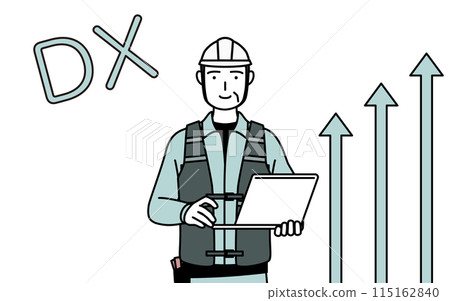 DX 是一位戴著頭盔、穿著工作服的高級男性工程師，成功改善了業務運作。 115162840