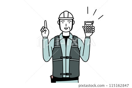 一位戴著頭盔和工作服的資深男性工程師用計算機指著 一位戴著頭盔和工作服的資深男性工程師用計算機指著 115162847