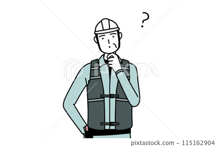 A senior male engineer in a helmet and work clothes tilting his head in doubt A senior male engineer in a helmet and work clothes tilting his head in doubt 115162904