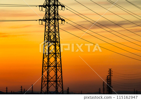 Power transmission towers and sunset sky f-6 warm color high contrast 115162947