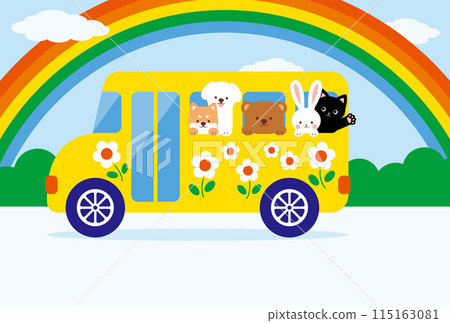 Cute animals riding a school bus with rainbow background illustration 115163081