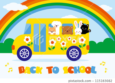 Cute animals riding a school bus with rainbow background illustration 115163082