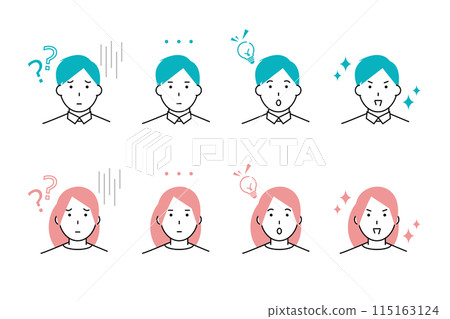 男性和女性從懷疑中解決問題的面部表情圖標集 115163124