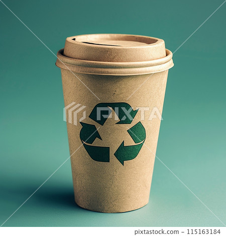 Paper cup with recycling icon on green background. Caring for nature 115163184