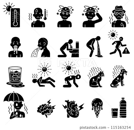 Heat stroke symptoms symbol icons set 115163254