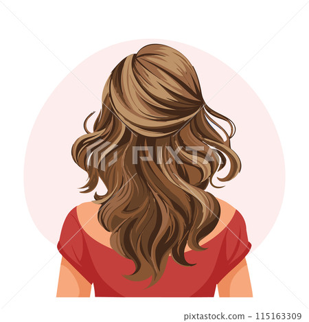 Young woman's hairstyle, back view. Women's haircut. Beauty and fashion. Illustration, poster, clipart 115163309