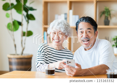 A senior couple looking at their smartphones together. 115163332