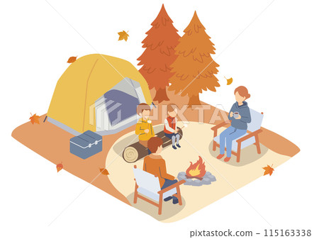 秋季露營地一家人圍坐在營火旁的插圖 秋季露營地一家人圍坐在營火旁的插圖 115163338