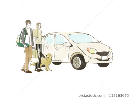 A man, woman and dog shopping in a car 115163673
