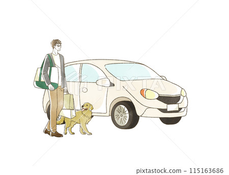 A man and a dog shopping in a car 115163686