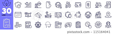 Fitness, Cloud computing and Smartphone recovery line icons pack. Shields, Attachment, Time management web icon. Petrol station, Growth chart, Loyalty program pictogram. Car place. Vector 115164041