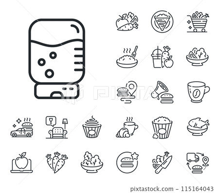 Still aqua drink sign. Crepe, sweet popcorn and salad outline icons. Water cooler bottle line icon. Liquid symbol. Water cooler line sign. Pasta spaghetti, fresh juice icon. Supply chain. Vector Still aqua drink sign. Crepe, sweet popcorn and salad outline icons. Water cooler bottle line icon. Liquid symbol. Water cooler line sign. Pasta spaghetti, fresh juice icon. Supply chain. Vector 115164043