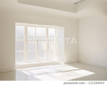 A white room with a bright window letting in the morning sun 115164047