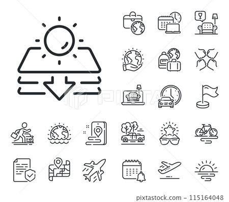 Uv protect sign. Plane jet, travel map and baggage claim outline icons. Sun protection line icon. Sunscreen effect symbol. Sun protection line sign. Car rental, taxi transport icon. Vector 115164048