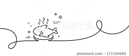 Fish dish line icon. Continuous one line with curl. Seafood plate sign. Healthy food symbol. Fish dish single outline ribbon. Loop curve pattern. Vector 115164069