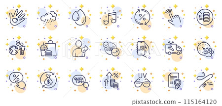 Outline set of Discount button, Statistics and Music app line icons for web app. Include Oil drop, Cursor, Fast food pictogram icons. Social responsibility, Outsource work, Smile signs. Vector Outline set of Discount button, Statistics and Music app line icons for web app. Include Oil drop, Cursor, Fast food pictogram icons. Social responsibility, Outsource work, Smile signs. Vector 115164120