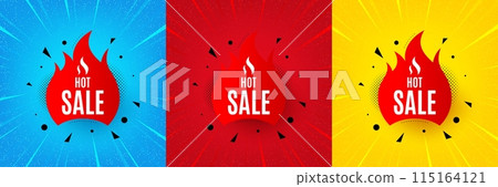 Hot sale banner. Sunburst offer banner, flyer or poster. Discount sticker shape. Coupon tag icon. Hot sale promo event banner. Starburst pop art coupon. Special deal. Vector 115164121