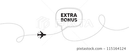 Extra bonus offer tag. Plane travel path line banner. Special gift promo sign. Sale promotion symbol. Extra bonus speech bubble message. Plane location route. Dashed line. Vector 115164124