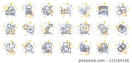 Outline set of Dots message, Calcium mineral and Search puzzle line icons for web app. Include Fireworks, Sunscreen, Chemical hazard pictogram icons. Money box, Growth chart, Cleaning signs. Vector Outline set of Dots message, Calcium mineral and Search puzzle line icons for web app. Include Fireworks, Sunscreen, Chemical hazard pictogram icons. Money box, Growth chart, Cleaning signs. Vector 115164136