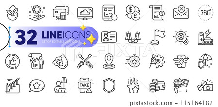 Outline set of Fake news, Reject mail and Identification card line icons for web with Internet report, Stairs, Loyalty gift thin icon. Cloud storage, Floor lamp, Location pictogram icon. Vector 115164182