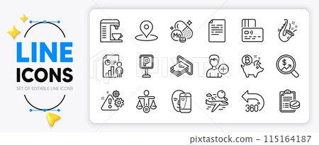 360 degrees, Coffee machine and Business report line icons set for app include Jazz, Document, Medical prescription outline thin icon. Search flight, Card, Cash pictogram icon. Pin. Vector 360 degrees, Coffee machine and Business report line icons set for app include Jazz, Document, Medical prescription outline thin icon. Search flight, Card, Cash pictogram icon. Pin. Vector 115164187