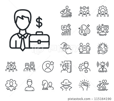 Diplomat with Dollar sign. Specialist, doctor and job competition outline icons. Businessman with Case line icon. Businessman case line sign. Avatar placeholder, spy headshot icon. Vector Diplomat with Dollar sign. Specialist, doctor and job competition outline icons. Businessman with Case line icon. Businessman case line sign. Avatar placeholder, spy headshot icon. Vector 115164190