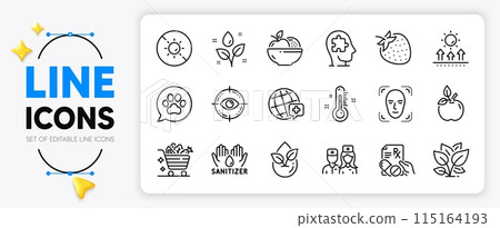 Face detection, Fruits and No sun line icons set for app include Plants watering, Doctor, World medicine outline thin icon. Eco food, Thermometer, Eye target pictogram icon. Vector Face detection, Fruits and No sun line icons set for app include Plants watering, Doctor, World medicine outline thin icon. Eco food, Thermometer, Eye target pictogram icon. Vector 115164193