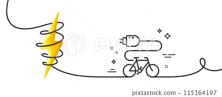 Electric bike line icon. Continuous one line with curl. Motorized bicycle transport sign. Charge ebike symbol. Electric bike single outline ribbon. Loop curve with energy. Vector 115164197
