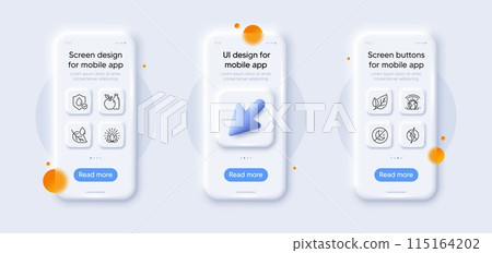 Antistatic, Greenhouse and Insomnia line icons pack. 3d phone mockups with cursor. Glass smartphone screen. Lotus, Leaf dew, Apple web icon. Leaf, Waterproof pictogram. For web app, printing. Vector 115164202