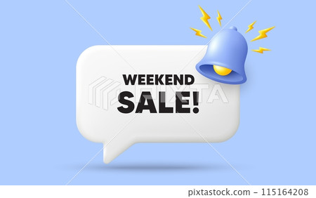 Weekend Sale tag. 3d speech bubble banner with bell. Special offer price sign. Advertising Discounts symbol. Weekend sale chat speech message. 3d offer talk box. Vector Weekend Sale tag. 3d speech bubble banner with bell. Special offer price sign. Advertising Discounts symbol. Weekend sale chat speech message. 3d offer talk box. Vector 115164208