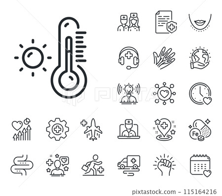 Weather temperature sign. Online doctor, patient and medicine outline icons. Thermometer line icon. Fever measuring symbol. Weather thermometer line sign. Vector 115164216