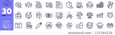 Checklist, Maggots and Recovery internet line icons pack. Bid offer, Location app, Delivery man web icon. Time management, Currency, Customer satisfaction pictogram. Travel calendar. Vector 115164228