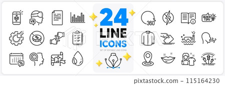 Icons set of Breathing exercise, Antistatic and Leaf dew line icons pack for app with No cash, Voting ballot, Clean shirt thin outline icon. Bar diagram, Scuba diving. Design with 3d stars. Vector 115164230