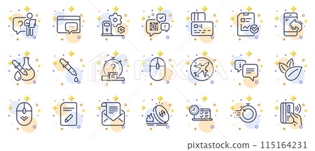 Outline set of Search employee, Charging station and Chemistry pipette line icons for web app. Include Contactless payment, Mail newsletter, Computer mouse pictogram icons. Info. Vector 115164231
