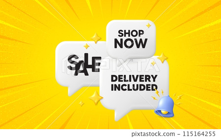 Delivery included tag. 3d offer chat speech bubbles. Free shipping sign. Special offer symbol. Delivery included speech bubble 3d message. Talk box banner with bell. Vector 115164255