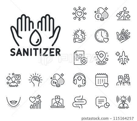 Sanitary cleaning sign. Online doctor, patient and medicine outline icons. Hand sanitizer line icon. Washing hands symbol. Hand sanitizer line sign. Veins, nerves and cosmetic procedure icon. Vector 115164257