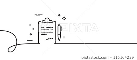 Clipboard document line icon. Continuous one line with curl. Agreement file sign. Sign contract symbol. Clipboard single outline ribbon. Loop curve pattern. Vector Clipboard document line icon. Continuous one line with curl. Agreement file sign. Sign contract symbol. Clipboard single outline ribbon. Loop curve pattern. Vector 115164259