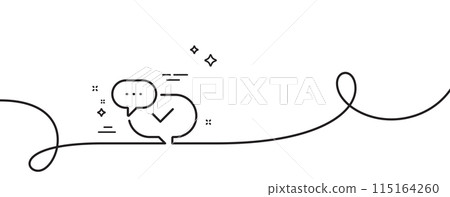 Check mark line icon. Continuous one line with curl. Approved sign. Speech bubble chat symbol. Approved single outline ribbon. Loop curve pattern. Vector Check mark line icon. Continuous one line with curl. Approved sign. Speech bubble chat symbol. Approved single outline ribbon. Loop curve pattern. Vector 115164260